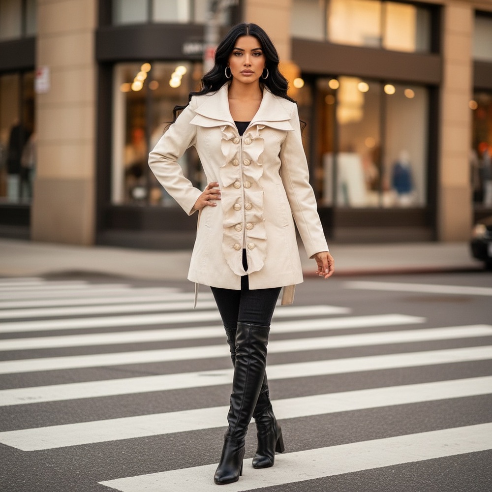 Elegant Beige Trench Coat with Ruffle Detail, Fitted Chic‎ Outerwear